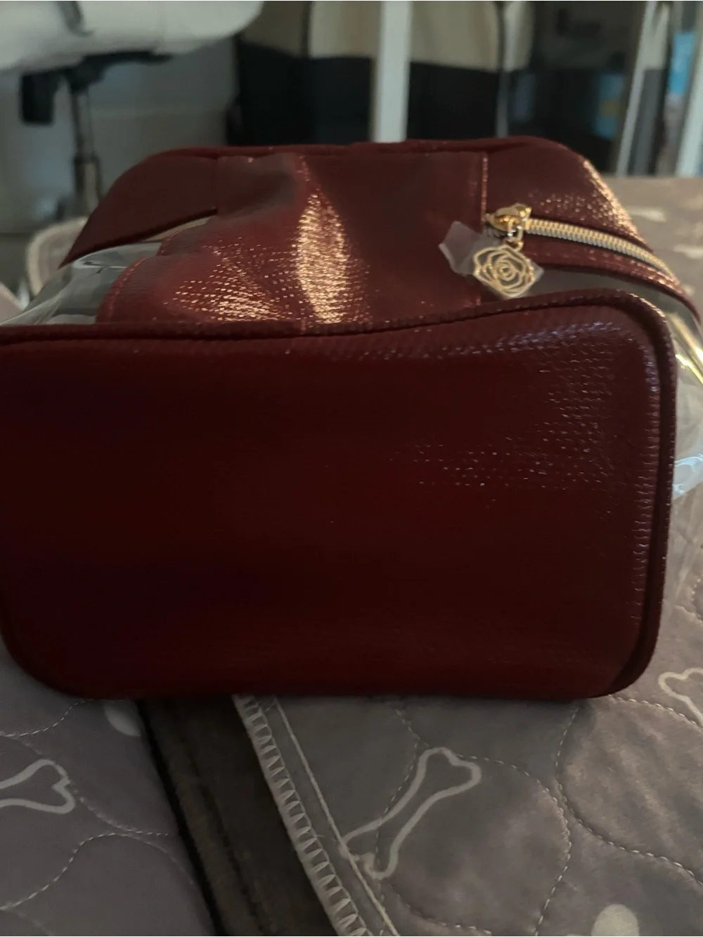 Lancôme Burgundy and Clear Makeup Case with Gold Zip